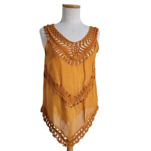 Rust Yellow Crochet Blouse Tunic Top Boho Festival Western Cowgirl SM